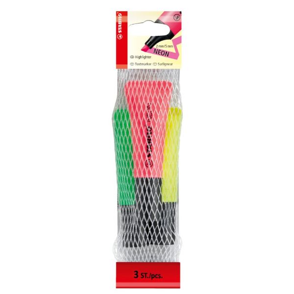 STABILO スタビロ ネオン 3色セット 蛍光ペン 水性蛍光インク 中綿式 5mm/2mm チーゼル型チップ キャップ式 チューブ型 太細両用 勉強 仕事 ...