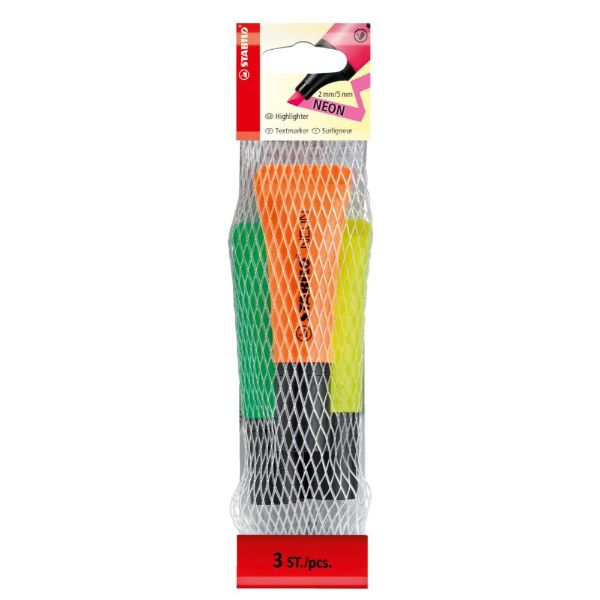 STABILO スタビロ ネオン 3色セット 蛍光ペン 水性蛍光インク 中綿式 5mm/2mm チーゼル型チップ キャップ式 チューブ型 太細両用 勉強 仕事 ...