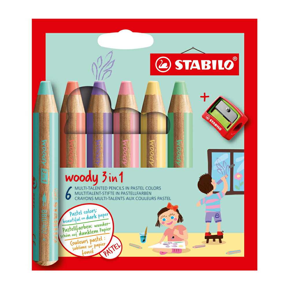 STABILO スタビロ 多機能色鉛筆 ウッディ パステル 3in1 6色セット 芯径10mm 子供 こども 夏休み ぬり絵 工作 お絵かき お絵描き 水彩 水彩色鉛筆 クレヨン 幼児 水で落ちる 安心 安全 ギフト プレゼント 入学 卒業 誕生日 記念日 祝い 進学