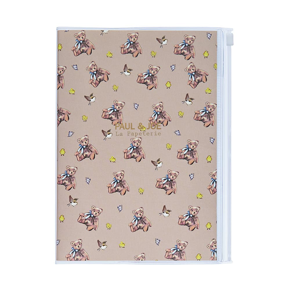 ポールアンドジョー カバー付き A5ノート ベア ラテ メモ くま クマ 熊 ベージュ スライドジッパー PVC メモ ペン収納 透明ポケット 方眼 ノートブッ...