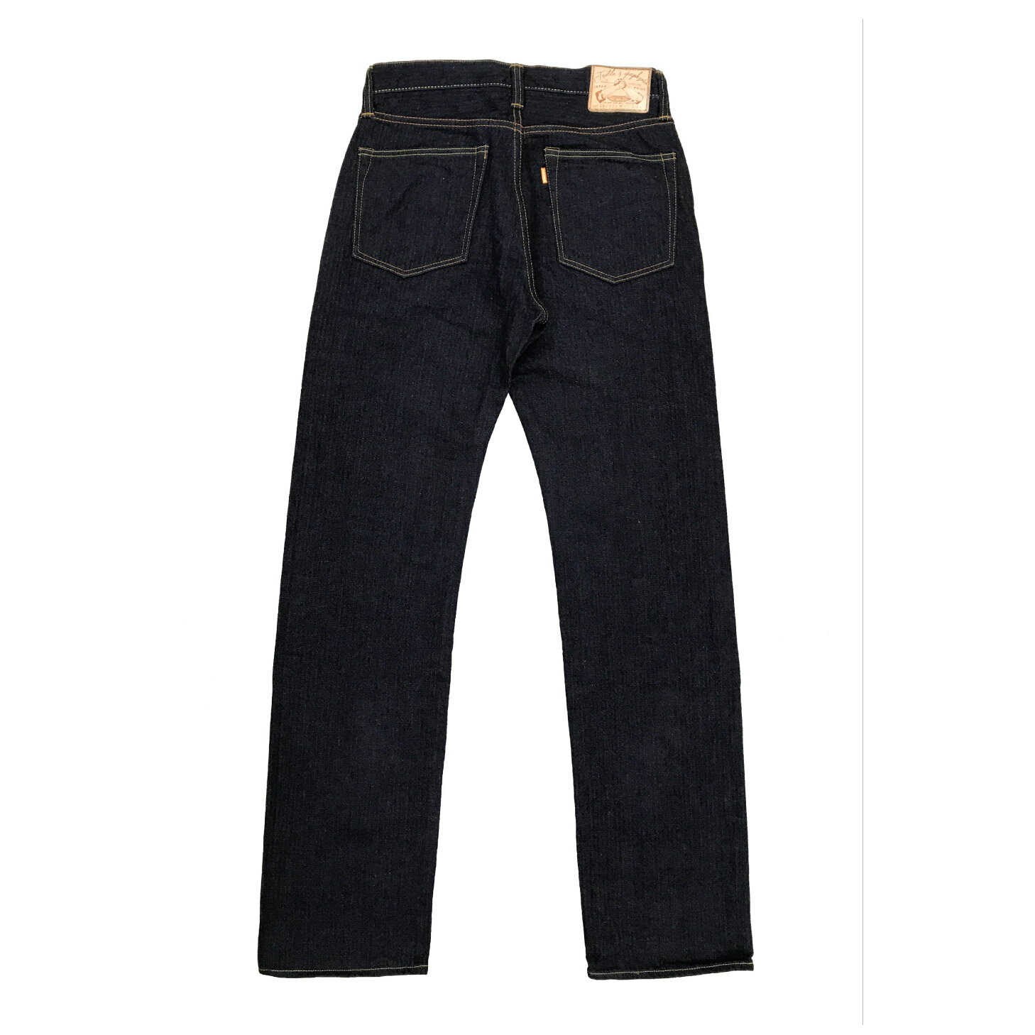 へリンボーン ストレートジーンズ（38/40）16ozセルビッチデニム/へリンボーン/杉綾織り/やや細身ストレート/5ポケット/オレンジ耳/ワンウォッシュ/牛革/ヌメ革パッチ/graphzeroオリジナル鉄ボタン/オレンジピス/オリジナルネーム/ザラ織り/日本製/MADE IN JAPAN