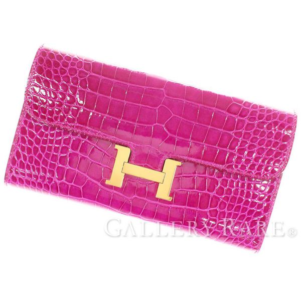 エルメス 長財布 コンスタンス ロング ローズシェラザード×ゴールド金具 クロコダイル アリゲーターシャイン C刻印 HERMES フラップ付き財布