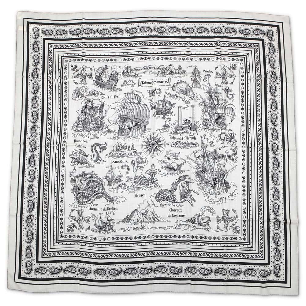 エルメス スカーフ カレ140 カレジェアン 船乗りのタトゥー・バンダナ Tatouages Marins 白 黒 2024年春夏 エルメス スカーフ エルメス カレ カシミヤ シルク HERMES SCARFのサムネイル