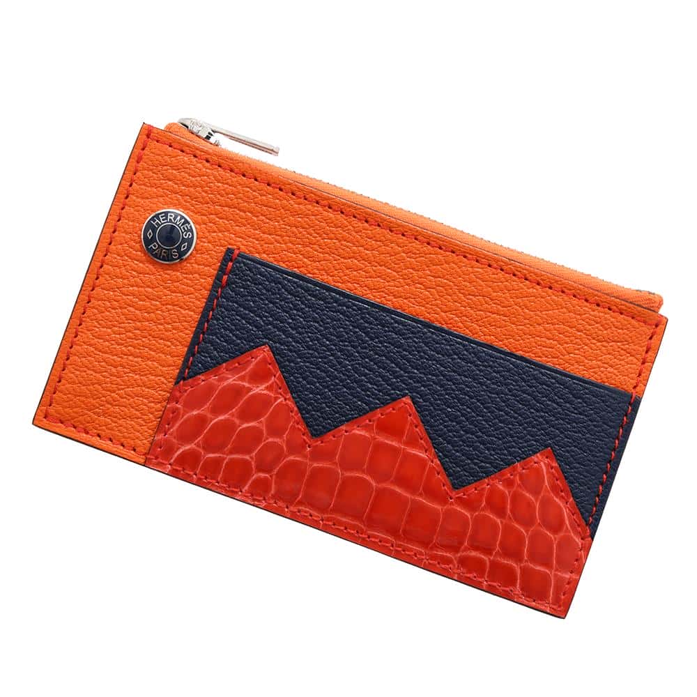 【決算セール開催中】 エルメス カードケース クロコダイル コンパクト オレンジ/ネイビー/レッド/シルバー金具 シェブルミゾル/アリゲーター W刻印 エルメス カード エルメス 小銭入れ HERMES CARD シェーブルのサムネイル