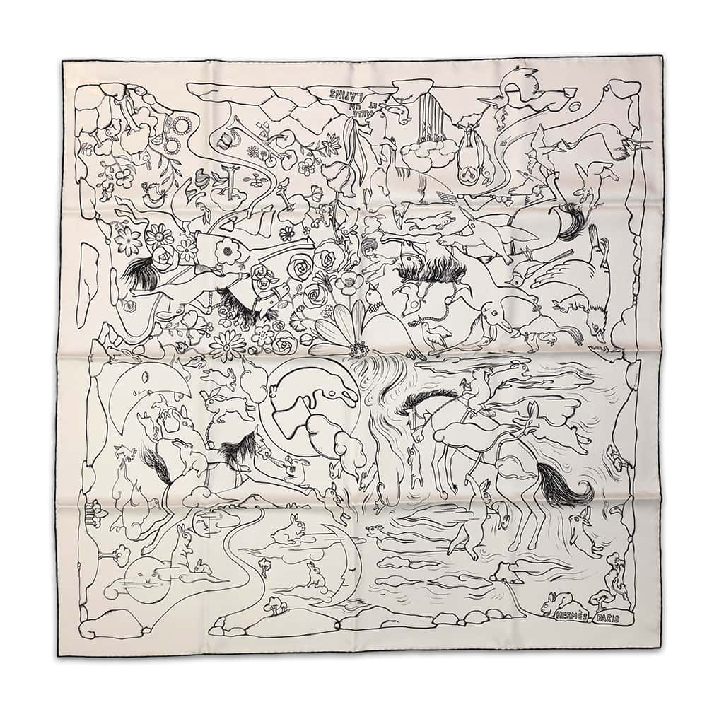 エルメス スカーフ カレ90 千と一のウサギ Mille et Un Lapins HERMES シルクツイル 白 黒 【中古】 エルメス スカーフ エルメス HERMESのサムネイル