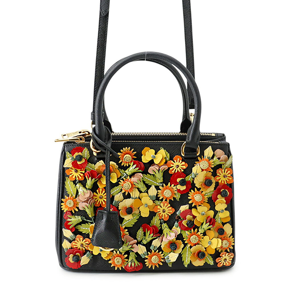Rakuten - プラダ ハンドバッグ ガレリア フラワー サフィアーノ PRADA 2wayショルダーバッグ 黒 【安心保証】 【中古】 プラダ バッグ PRADA BAG