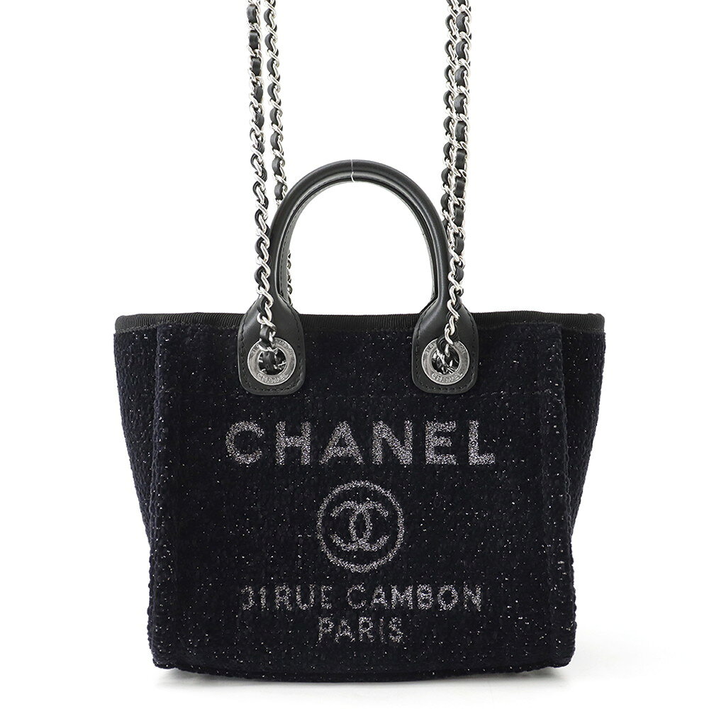 シャネル トートバッグ ドーヴィルライン ミニ ロゴ ラメツイード/レザー A86374 CHANEL バッグ 黒 中古 シャネル バッグ レディース CHANEL BAG