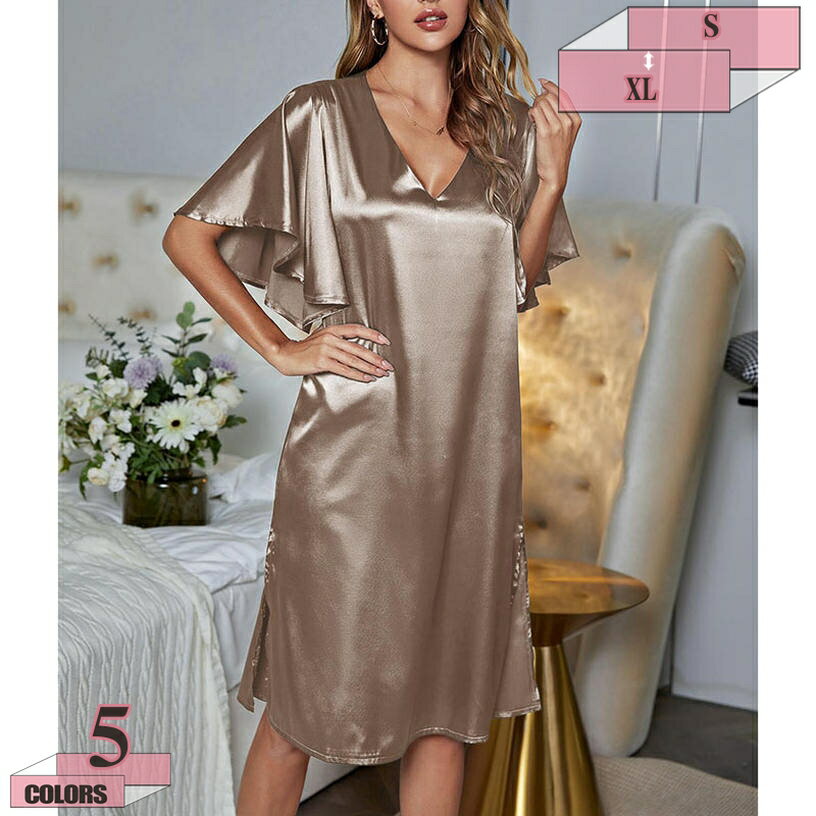 Negligees - ロング ネグリジェ ルームワンピース ナイトウェア サテン 半袖 レース レディース ルームウェア 無地 大人上品 可愛い 春夏秋用 パジャマ ルームウェア ナイトウエア 部屋着 gratiahome