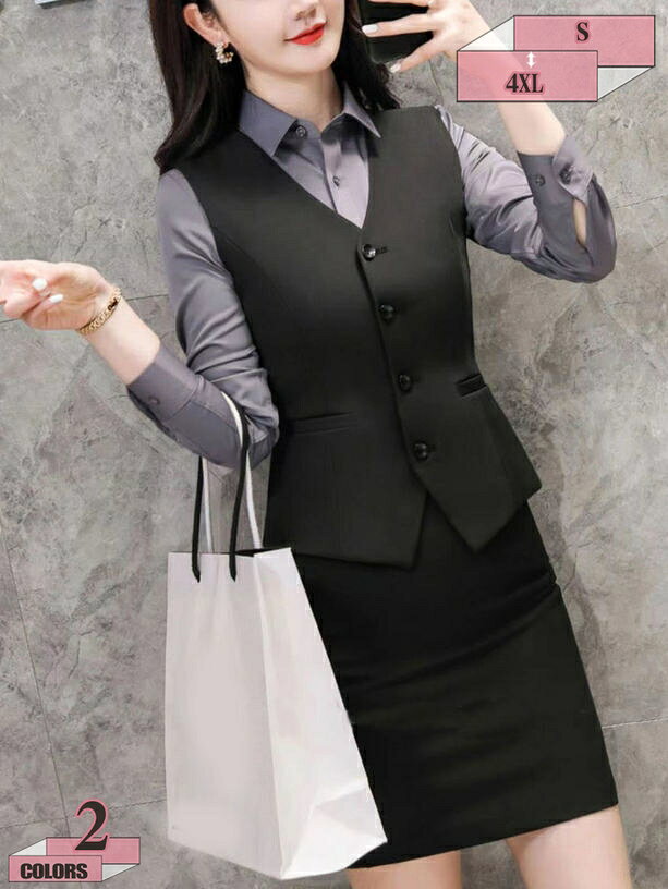 制服 アンサンブル レディース スカートスーツ 3点セット ブラウス スカート ベスト セットアップ 長袖 タイト 気質 エレガント おしゃ..