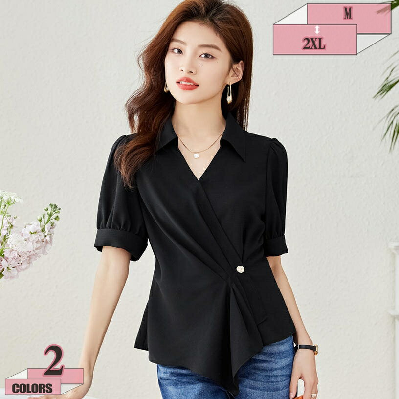 500円OFFクーポン ブラウス レディース 半袖 開襟ブラウス シャツ トップス ワイシャツ vネック 前開き シフォン オフィス フォーマル blouse おしゃれOL エレガント 上品 クラシカル 通勤 かわいい カジュアル きれいめ 着痩せ デート 半袖シャツ gratiahome