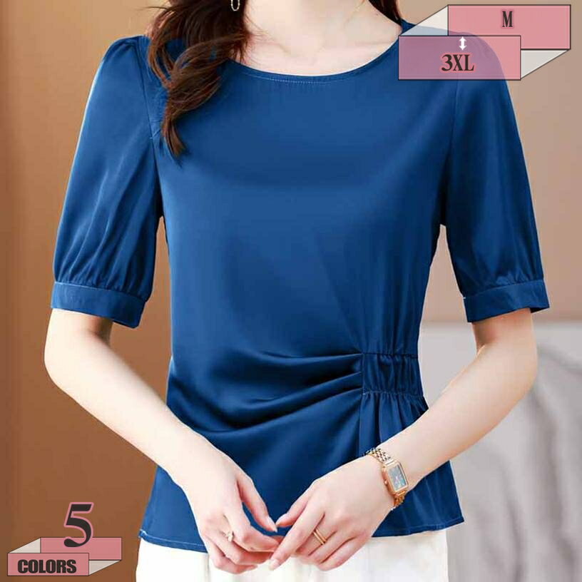 500円OFFクーポン ブラウス トップス レディース サテン クルーネック バルーン袖 半袖ブラウ フォーマル オフィス カジュアル ビジネス 入学式 入園式 卒業式 卒園式 七五三 受験 結婚式 母 ママ 春 夏 秋 冬 インナー スーツ ワイシャツ gratiahome