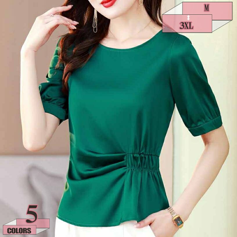 1000円OFFクーポン ブラウス シャツ 半袖 サテン フロントギャザー トップス レディース 無地 着痩せ シンプル 春 夏 オフィスカジュアル プルオーバー フォーマル スーツ インナー 細見え ビジネス 入学式 入園 卒業 卒園 お出かけ gratiahome