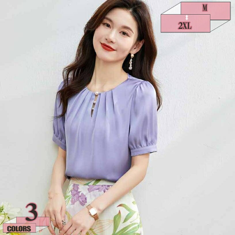 500円OFFクーポン シャツ ブラウス 半袖 レディース サテン トップス パフスリーブ パール付き ゆったり 無地 おしゃれ 可愛い 着痩せ カジュアル お出かけ オフィス フォーマル 通勤 OL 夏 お洒落 キレイめ フロントタック 半袖シャツ gratiahome