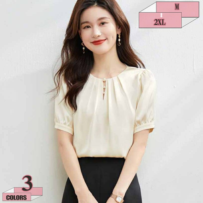 1000円OFFクーポン ブラウス レディース トップス クルーネック 半袖 フロントタック パール付き 韓国ファッション サテン カジュアル 通気性よい 着痩せ ゆったり 春 夏 秋 オフィス 通勤 デート お出かけ フォーマル エレガント 半袖シャツ gratiahome