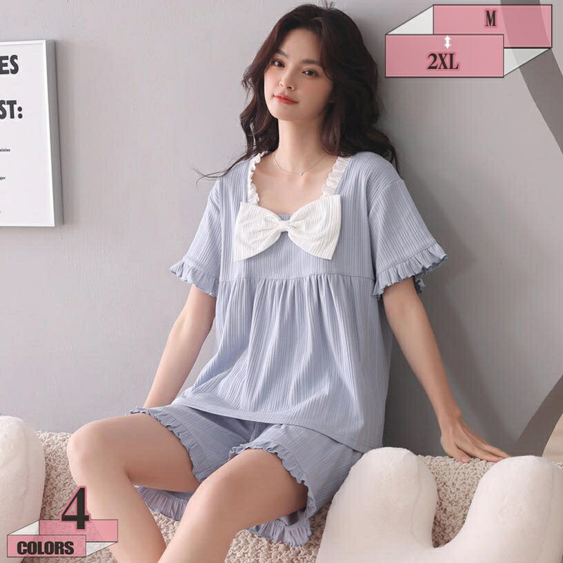 1000円OFFクーポン ルームウェア レディース パジャマ 半袖 ショートパンツ 部屋着 ナイトウェア 寝間着 上下2点セット 寝巻き 姫系 大人 かわいい リラックスウェア カジュアル 家着 短ズボン トップス レース リボン 姫系パジャマ 綿 gratiahomeのサムネイル