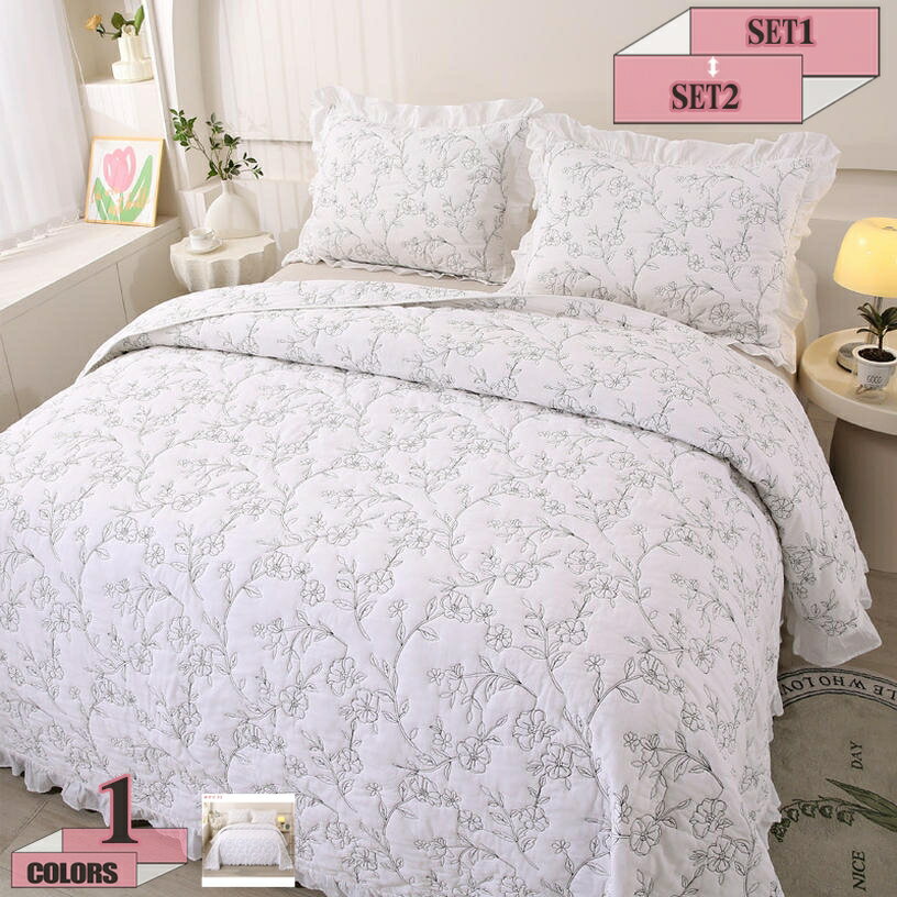 1000円OFFクーポン ベッドカバー 花柄 フリル マルチカバー キルト ベッドスプレッド 綿100% おしゃれ ..