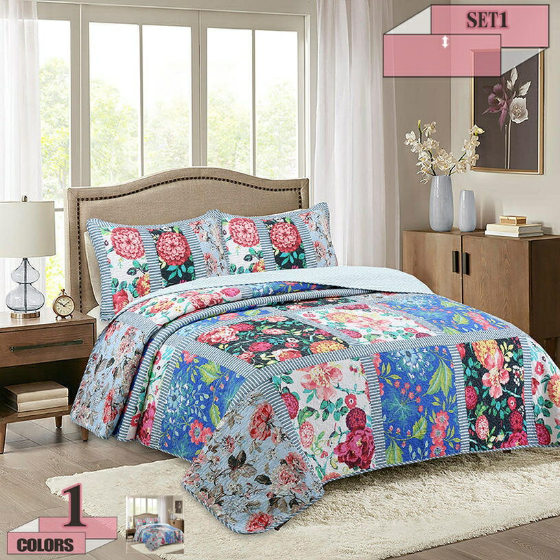 1000円OFFクーポン 花柄 ベッドキルト 北欧 姫系 おしゃれ 3点セット キルティング ベッドカバー キル..