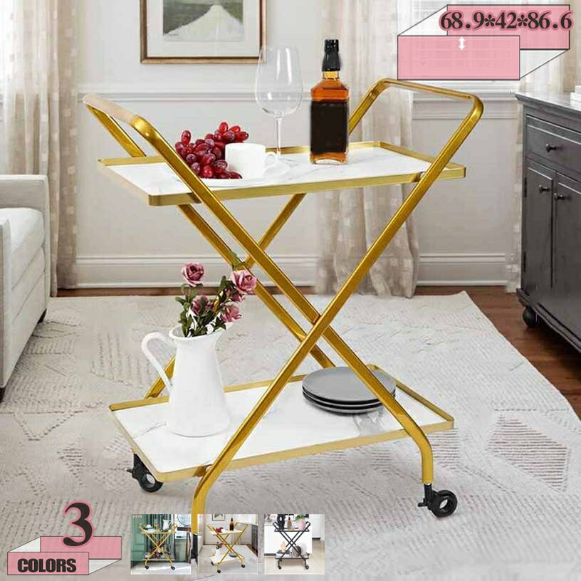 1000円OFFクーポン キッチンカート バーカート ホームバーサービングカート 2段ミラーシェルフ付き ワ..