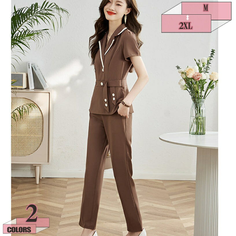 1000円OFFクーポン レディース パンツスーツ 上下セット 2点セット セットアップ シンプル スーツ ブラウス+ワイドパンツ アンサンブル vネック オフィス フォーマル エレガント カジュアル ゆったり OL 通勤 春夏秋 パンツドレス 半袖シャツ gratiahome
