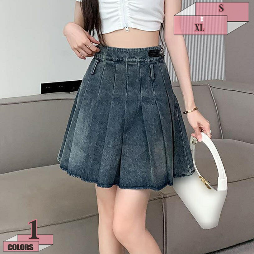 1000円OFFクーポン プリーツスカート レディース デニム 春 夏 Aライン ゆったり オシャレ ショートスカート 膝丈 着痩せ 美脚 小尻 伸縮性 普段着 カジュアル デニム 可愛い 動きやすい デニム ベルト通し付き ミニスカート デニムスカート gratiahome