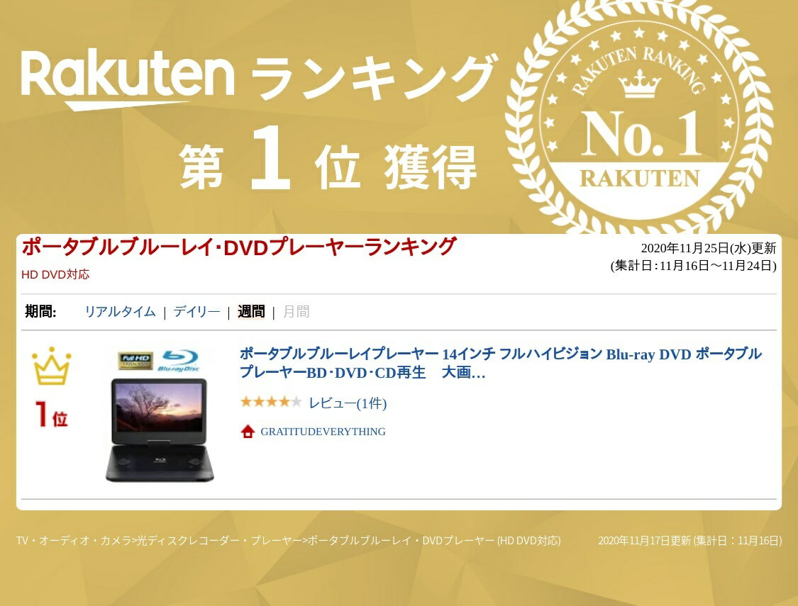 ポータブルブルーレイ プレーヤー 再生専用 14インチ フルHD フルハイビジョン Blu-rayプレーヤー ポータブルブルーレイプレーヤー ポータブルブルーレイディスクプレーヤー プレイヤー DVDプレーヤー 大画面 BD・DVD・CD再生 バッテリー搭載 首振り可能