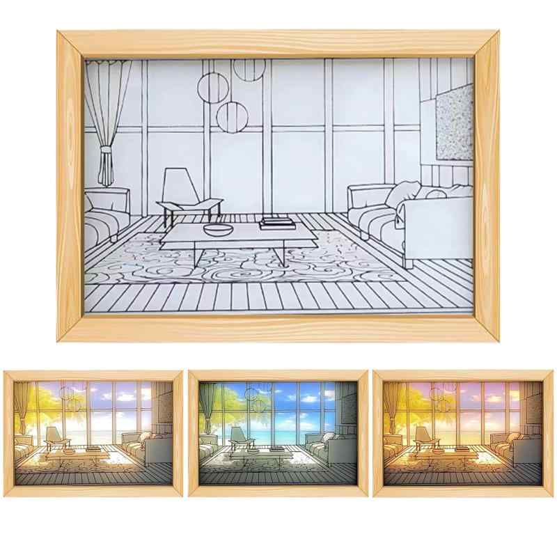 【Fumezu】照明絵画装飾 3色のLED ライト サンシャイン シャドウ フォト レーム 木製絵画 光影絵の装飾 3の色変光輝度調整可能 陽光の..