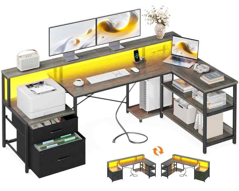 ODK パソコンデスク コンセント付き ゲーミングデスク 引き出し l字デスク 棚付き 机 pcデスク 勉強机 オフィス ワークデスク 幅172 事務机 在宅勤務 組立簡単