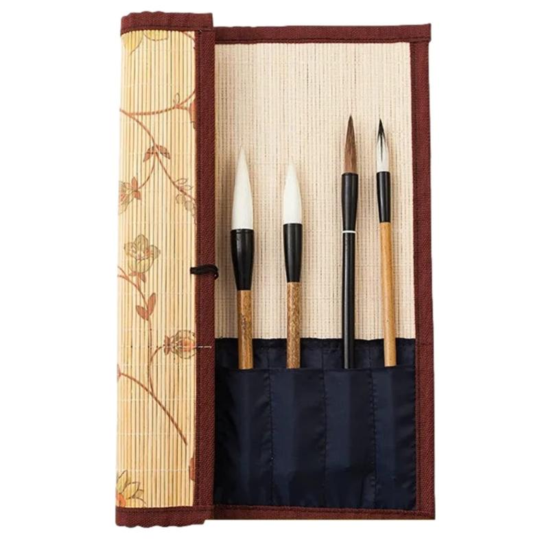 NOELAMOUR 筆巻き 書道 筆入れ 筆ケース 竹製 花柄 ポケット付き 筆 収納 保管 持ち運び