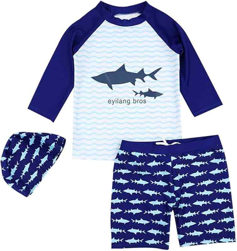 [Emfay] キッズ 水着 男の子 サメ柄 キャップ付き3点セット ラッシュガード 長袖