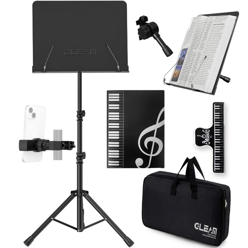 GLEAM 譜面台 - 楽譜スタンドメタルキャリングバッグ付き 2つの功能 楽譜ファイル付 楽譜クリップ付 収納バッグ付 読書台 筆記台 スペクトルスタンド 三脚 楽譜たて【高さ調節可能】また、高さは88.5cmから139.5cmまで調節可能、立奏、座奏と幅広く使用可能です。【角度を調整可能】使用時のニーズに応じて楽譜の回転角度を調整します。プロジェクターなどを置く場合は、楽譜パネルを平らにしてください。【豊富なアクセサリー】楽譜スタンドを持ち運びする際に便利な収納袋が付属しています。また、楽譜スタンドの鉄管に取り付けることができる携帯電話スタンドも提供されています。さらに、異なる楽譜を整理するのに便利なフォルダーも提供されます。【金属製の高さ調節ジョイント】長期間問題なく使用できるように、高さ調節部の接合部を金属製にしました。安心してご利用いただけます。【三角スタンド】楽譜スタンドをより安定させるために、底部のサポートを強化し、より大きな調整角度とより良い安定性を持っています。
