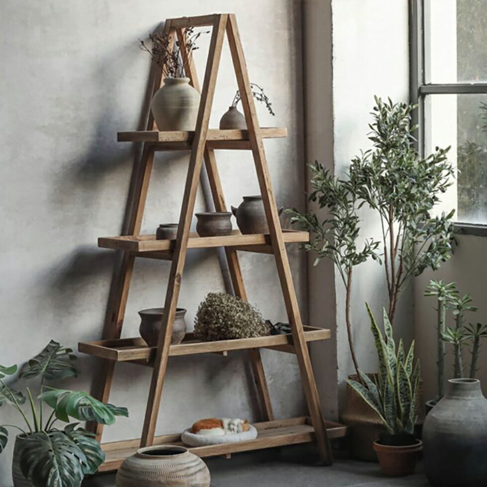 シェルフ ラック 棚 木製 120 北欧 おしゃれ 収納棚 4段 アンティーク 本棚 オープンラック リビング 本 インテリア 壁 無垢材 モダン シンプル 三角型シェルフ 棚板 ユージン Y607 送料無料