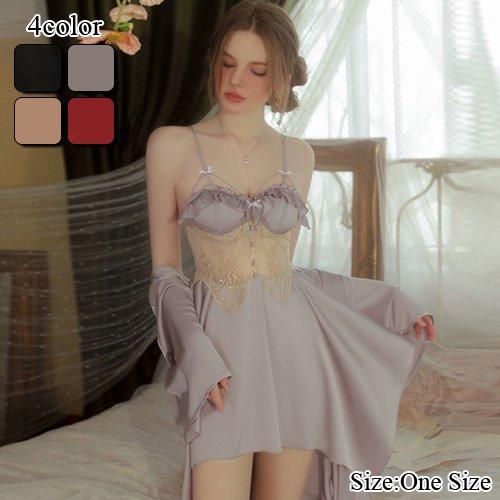 【ブラックフライデーx15%OFFクーポン】セクシー ランジェリー ベビードール 下着 ガウン キュート サテン ストリング フリル レース 胸元 レディース
