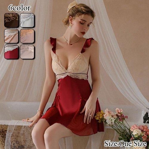 【ブラックフライデーx15%OFFクーポン】セクシー ランジェリー ベビードール 下着 キュート サテン シフォン スリット ふんわり レース 胸元 レディース