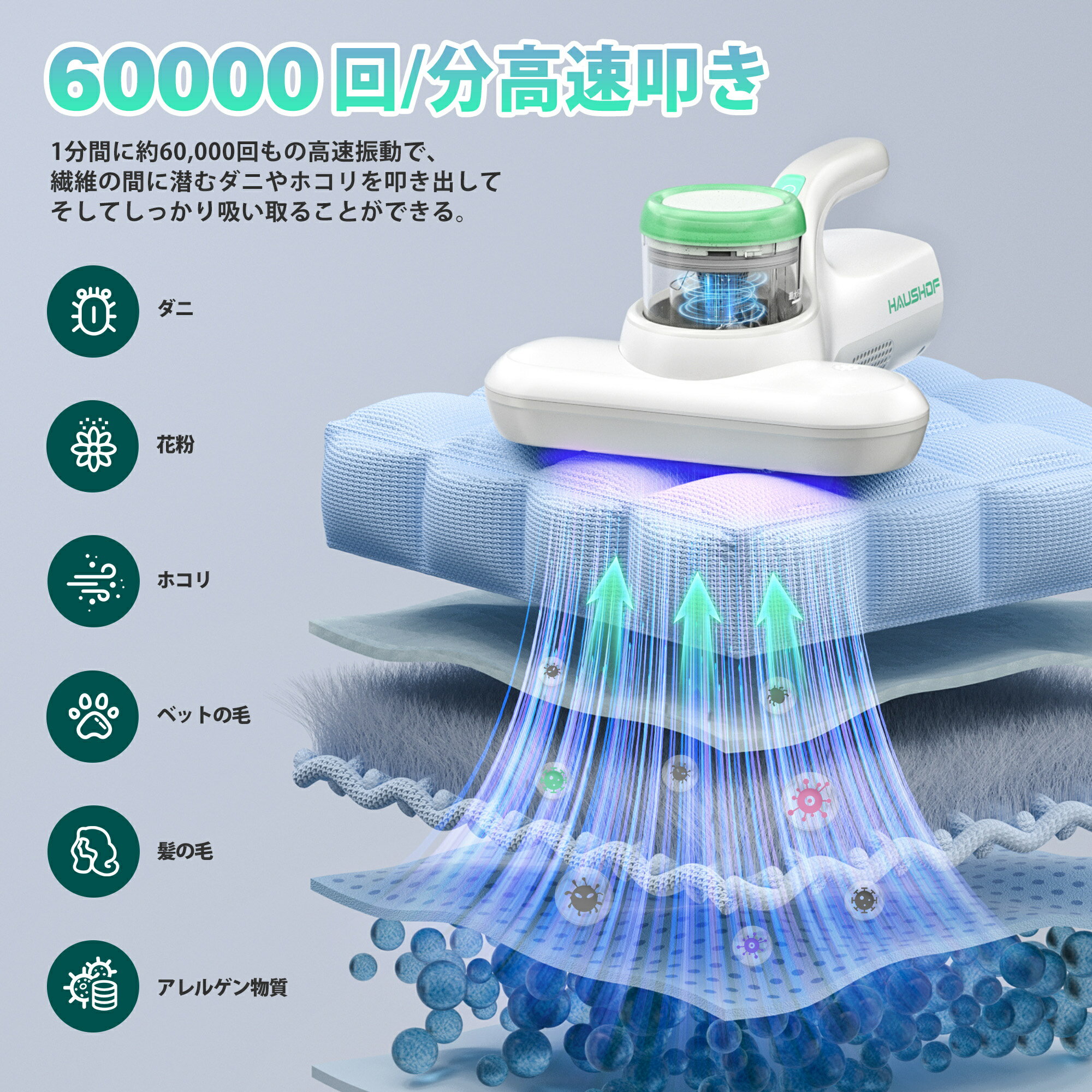 【10%OFF】HAUSHOF 布団クリーナー 布団掃除機 ダニ除去 ダニ対策 UV除菌 60000回/...