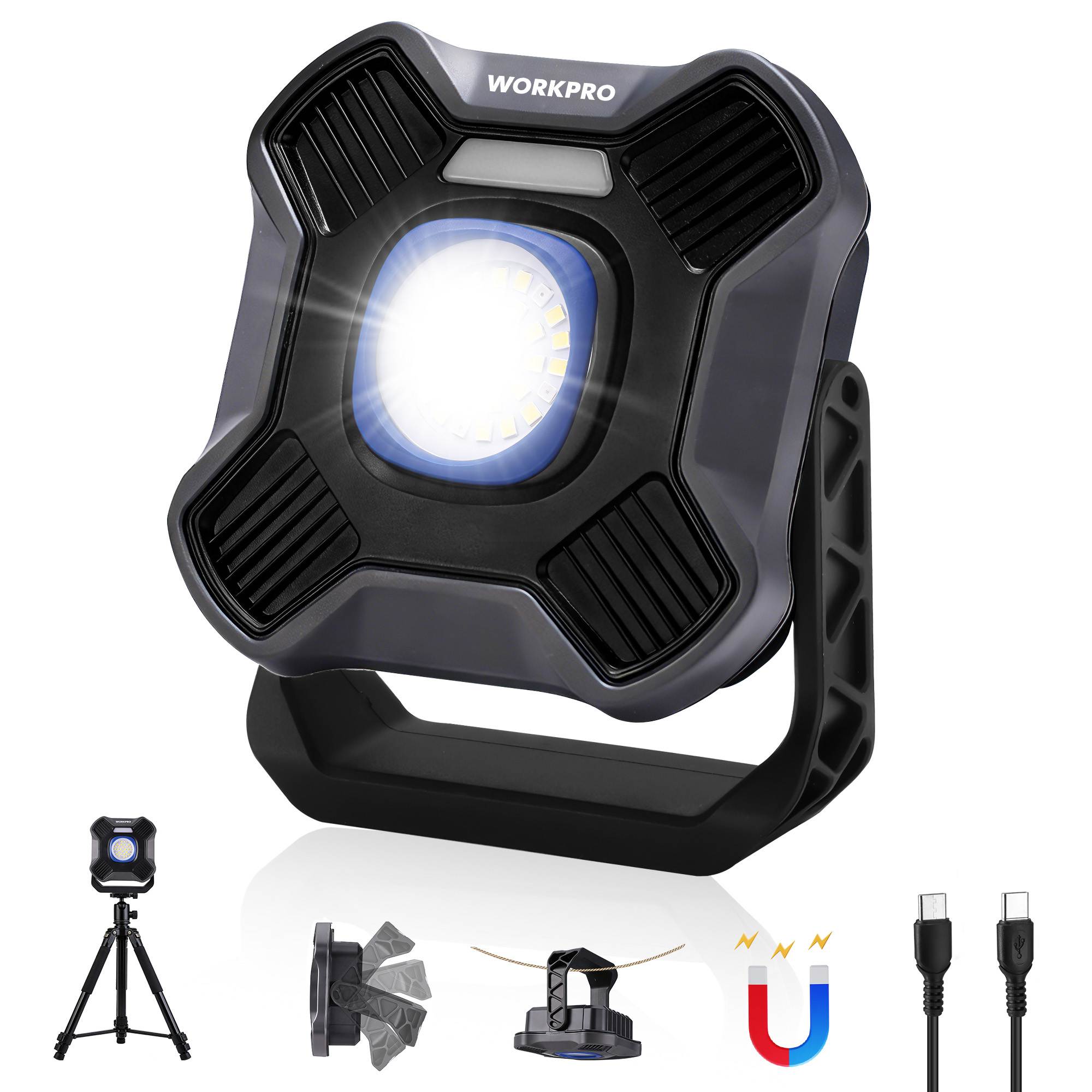 【10%OFF】WORKPRO LEDライト 作業灯 ワークライト 投光器 投光ライト充電式 5つ点灯モード マグネット 2000ルーメン メモリー機能 高輝度 フック内蔵 180°回転可能 三脚取り付け可能 昼光色 夜間作業 車の修理 倉庫 アウトドア キャンプ 登山 夜釣り 防災 緊急 台風
