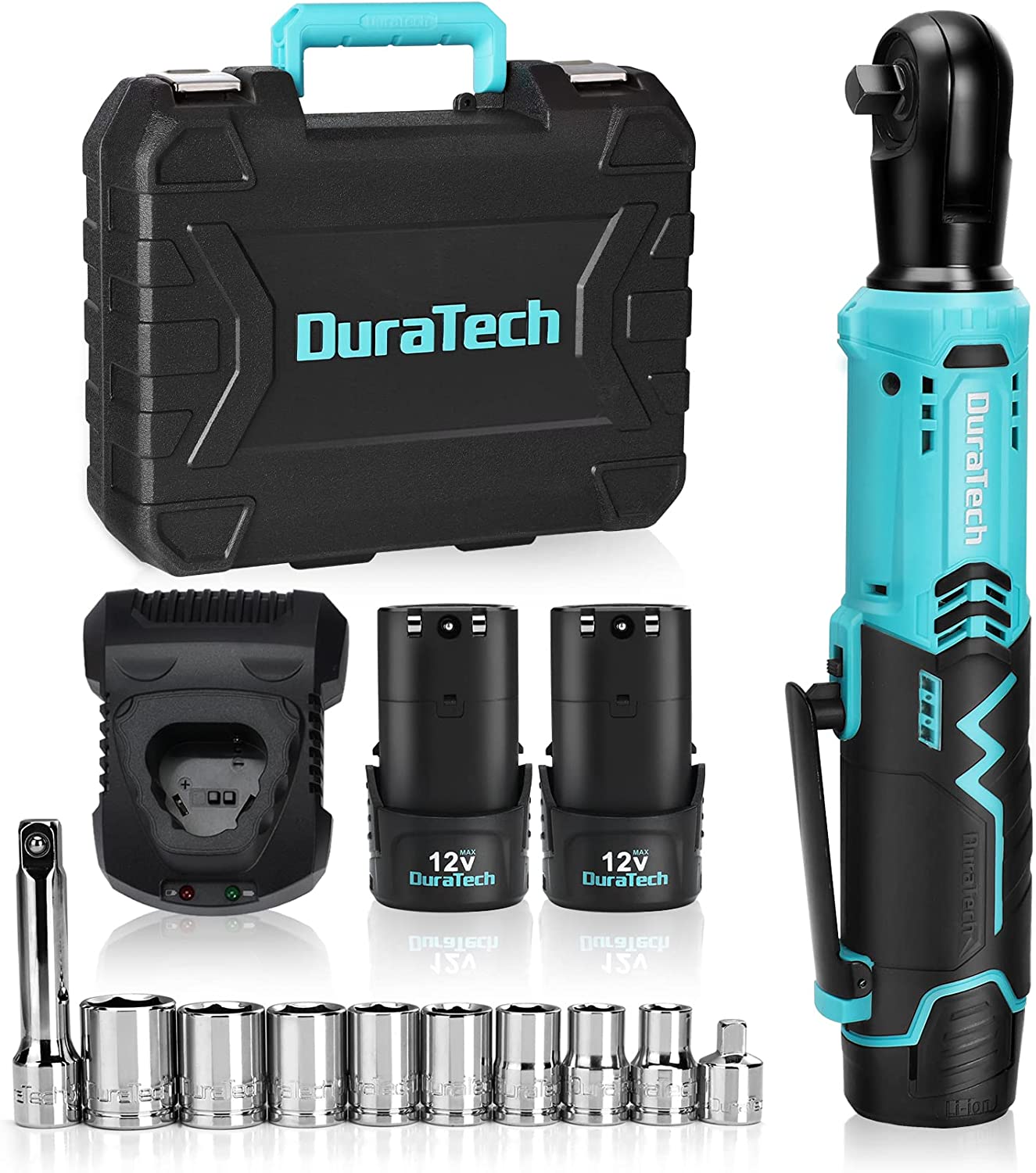 DURATECH 12V 電動ラチェットレンチ 差込角9.5mm/6.35mm 充電式 最大トルク65Nm バッテリー2個 急速充電器1個 ラチェットレンチセット 電動 コードレス ソケット8本付 LEDライト 無段変速 タイヤ交換 メンテナンス 自動車 修理 日本語説明書 作業