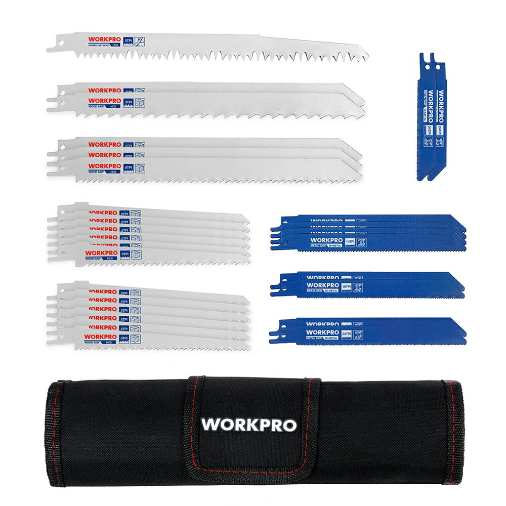 【10%OFF】 WORKPRO レシプロソー 替刃 電気のこぎり 替え刃 32点 鉄工・木工用・生木用 14山 18山 24山 3山 6山 8山 生木用替刃：5山 枝打ち 庭木剪定 解体用 金属用 収納ポッチ付き 【適用機種】ボッシュ、makita、新興製作所、高儀、ryobi、日立、BLACK+DECKER