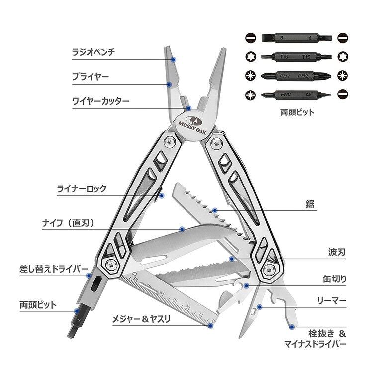 MOSSY OAK マルチツール 21 万能ナイフ 十徳ナイフ アウトドアギア キャンプ 多機能ペンチ 21-in-1 ロック機能 ドライバー マルチプライヤー 折畳みペンチ ビット ポーチ付 キャンプ 釣り 登山 防災用品 送料無料 3