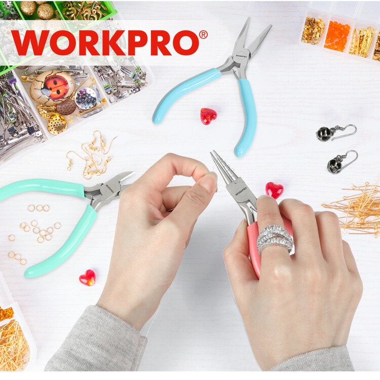 WORKPRO ハンドメイド 工具 5本組 収納ケース付 キット 初心者 セット スターターセット 工具付 手作りアクセサリー 初心者向け 初めて 家でやる アクセサリーキット ギフト ハンドメイドセット 手芸ペンチセット 平やっとこ ニッパー 丸ペンチ ピンセット