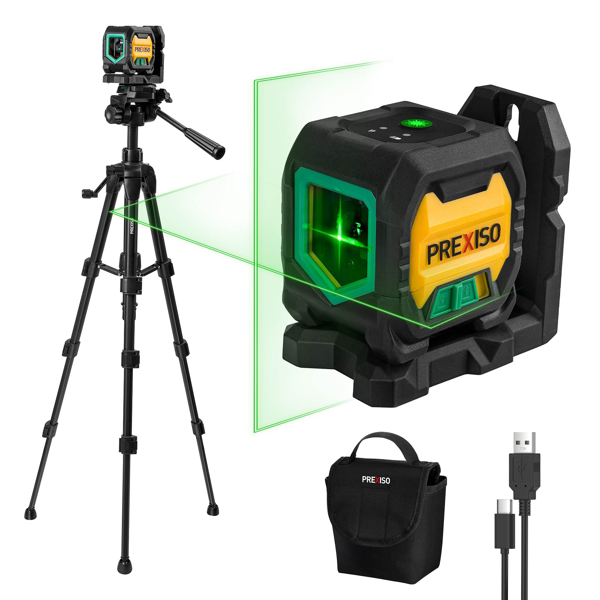 PREXISO レーザー墨出し器 レーザーレベル グリーンレーザー クロスラインレーザー 2ライン ミニ型 自動補正モード 手動傾斜モード 3段階調光 収納袋 ...