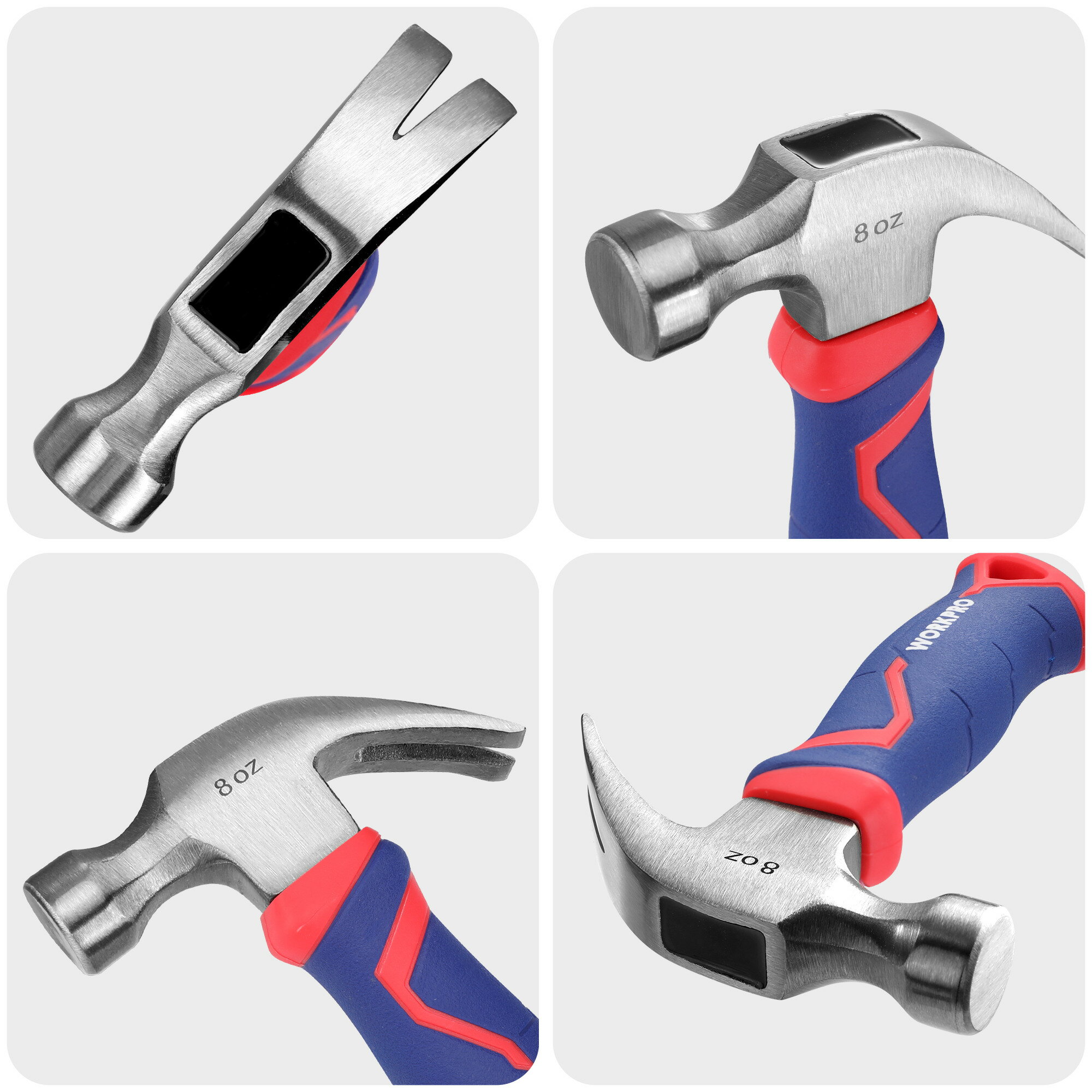 WORKPRO ハンマー ショートネールハンマー 釘抜きハンマー ミニトンカチ 金槌 クローハンマー ファイバーグラス柄 衝撃低減 滑り止め 木工 ホームメンテナンス DIY 225g（8oz）