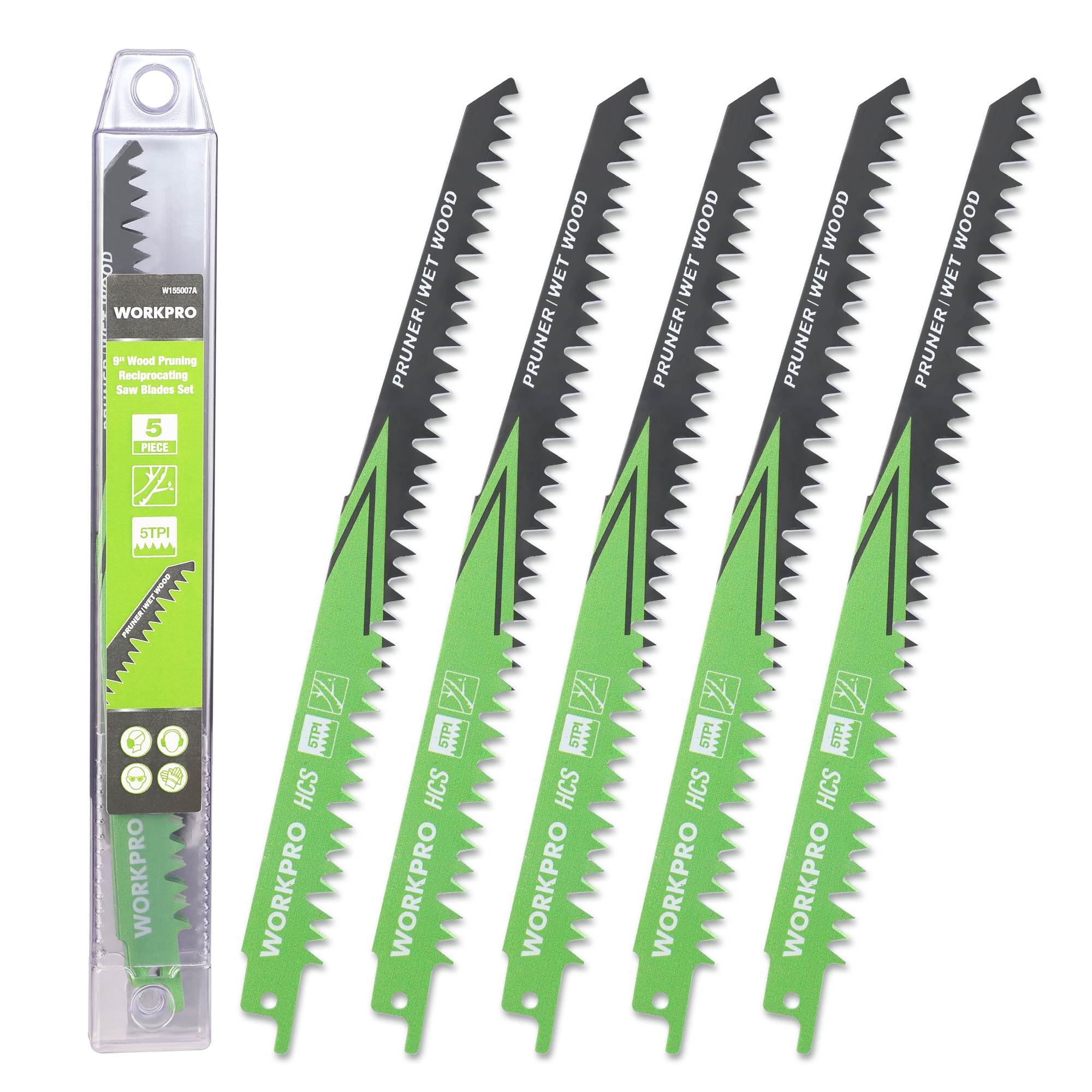 【第二代 新登場】WORKPRO レシプロソー替刃 電気のこぎり替え刃 枝切り用 木工用 生木 枝打ち 果樹剪定 庭木剪定 230mm 5本組 緑