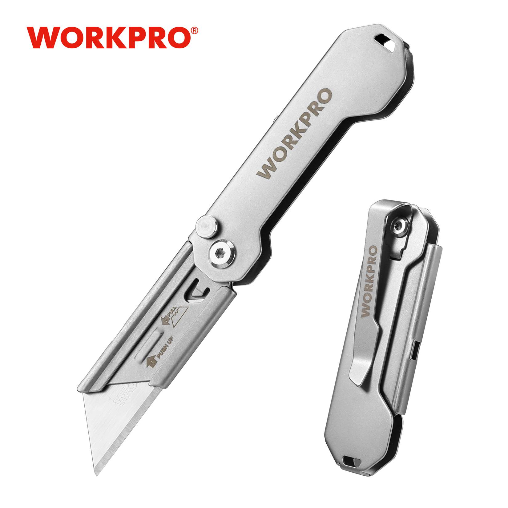WORKPRO カッター カッターナイフ ユーティリティナイフ 折り畳みナイフ クイックチェンジ 軽量 ステンレス製 SK5ブレード 切れ味良い ボタンロック ベルトクリップ付き