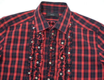 【中古】 DIESEL (ディーゼル) チェックフリルシャツ XS RED