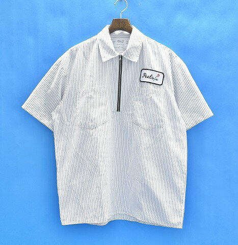 【中古】 Peels NYC (ピールズ) HALF ZIP WORK SHIRT ハーフジップワークシャツ XL WHITE 半袖 STRIPE ストライプ ワッペン