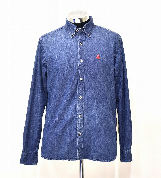 【中古】 SOPHNET.（ソフネット）INDIGO DENIM B.D SHIRT SCORPION EMBROIDERY DAMEGED インディゴ デニム ボタンダウン シャツ スコーピオン刺繍 ダメージ加工 L/S 長袖 ワンポイント アメカジ ストリート 裏腹 MADE IN JAPAN