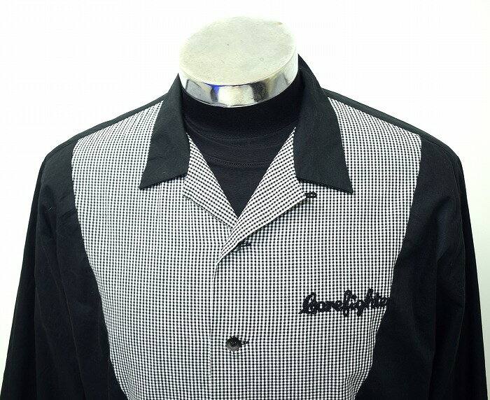 【中古】 COREFIGHTER (コアファイター) V ZONE OPEN L/S SHIRT Vゾーン オープンカラー 長袖シャツ BLACK/WHITE L ボウリング 切替 クラシック レトロ アメカジ ストリート GINGUM CHECK ギンガムチェック 2000年代 ロゴ LOGO 刺繍 スケートボード カジュアル Work ワーク