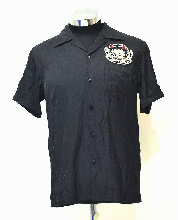 【中古】The BRAVE-MAN （ブレイブマン）BETTY BOOP （ベティ ブープ）コラボ 天使と悪魔 刺繍 ボウリングシャツ BLACK M HAWAIIAN SHIRT ハワイアン アロハ ALOHA RAYON レーヨン オープンカラー 半袖 ワーク WORK Street ストリート アメカジ ボーリング LOGO ロゴ S/S