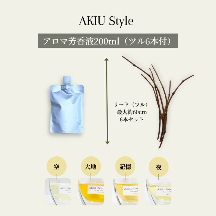 AKIU style 詰替え （アロマオイル 200ml、リード6本付）ルームフレグランス