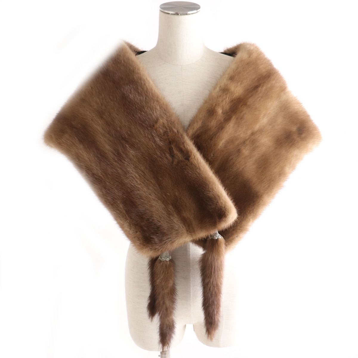 未使用品◆MINK ミンク 房付き 本毛皮ショール ブラウン 毛質艶やか・柔らか◎【中古】
